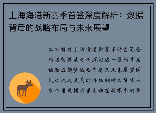 上海海港新赛季首签深度解析：数据背后的战略布局与未来展望